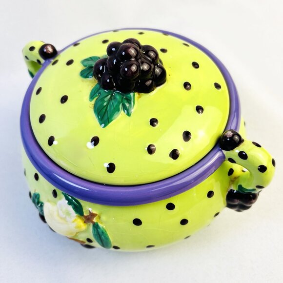 CBK Purple & Lime Green Ceramic Whimsical Vintage Lidded Pot Grapes Pears 7” - Picture 3 of 10